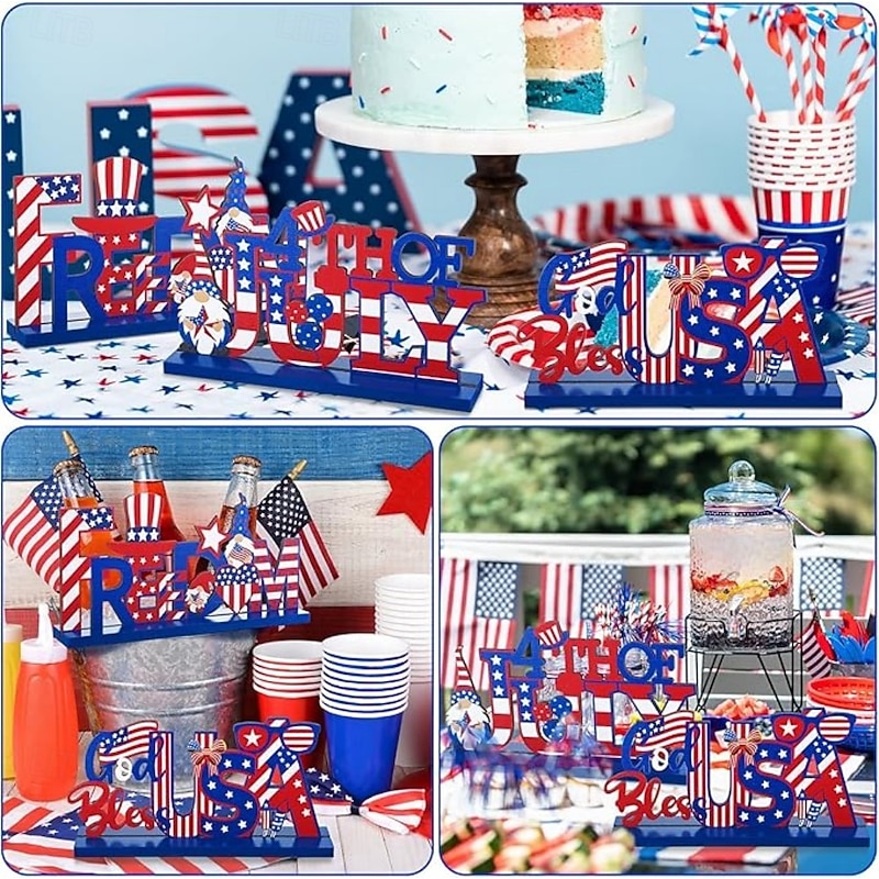 3 Pieces Patriotic Wooden Decorations 4th of July Independence Day Decorations Patriotic Table Decorations Wooden Table Centerpieces Decorations for American Memorial Day Veteran Day Party Decor3