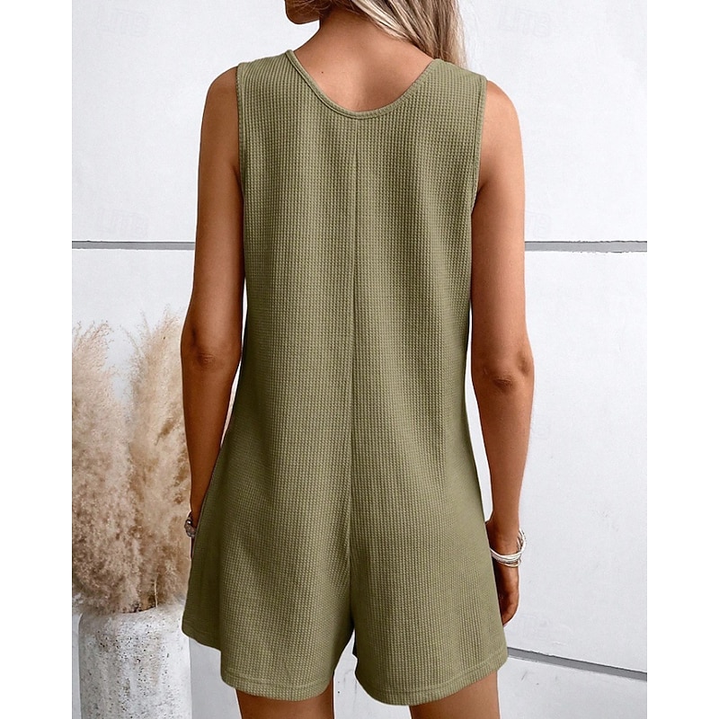 Women's Normal Romper Streetwear Solid Color Sleeveless U Neck Buttons Pocket Street Daily Regular Fit Black Light Green Pink Summer4