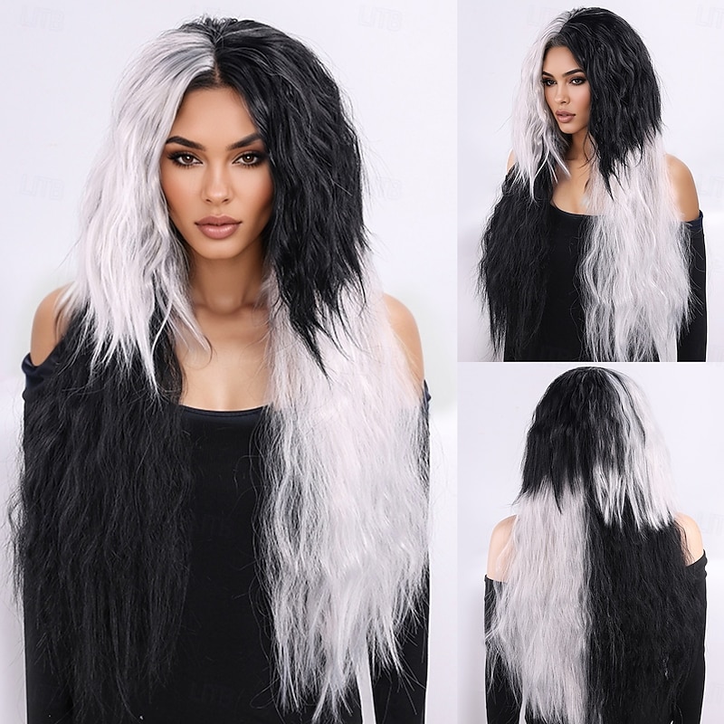 Synthetic Wig Curly Weave Micro Locs Layered Haircut With Bangs Machine Made Wig Long 28 inch A1 Synthetic Hair Women's Classic Comfortable Color Gradient Black White