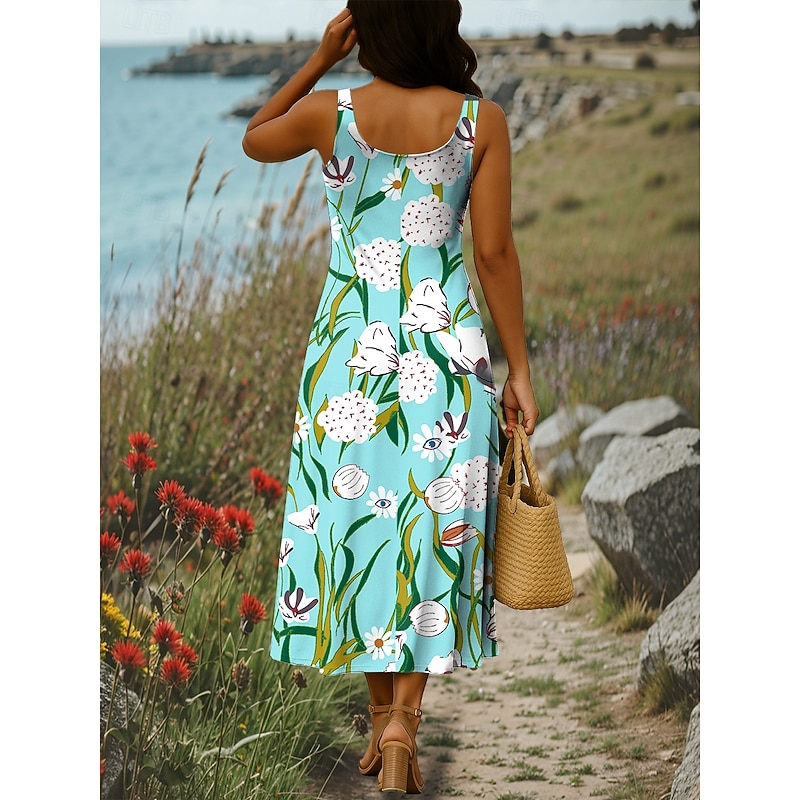 Women's Maxi Dress A Line Dress Off The Shoulder Dress Vacation Casual Beach Party Beach Regular Fit Floral Graphic Sleeveless Square Neck Pink Blue Green Khaki Summer Spring2