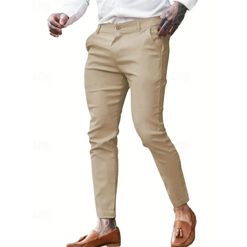 Men's Dress Pants Skinny Trousers Chinos Buttons Pocket Plain Comfort Formal Party Work Fashion Classic Style Blue Khaki Micro-elastic3
