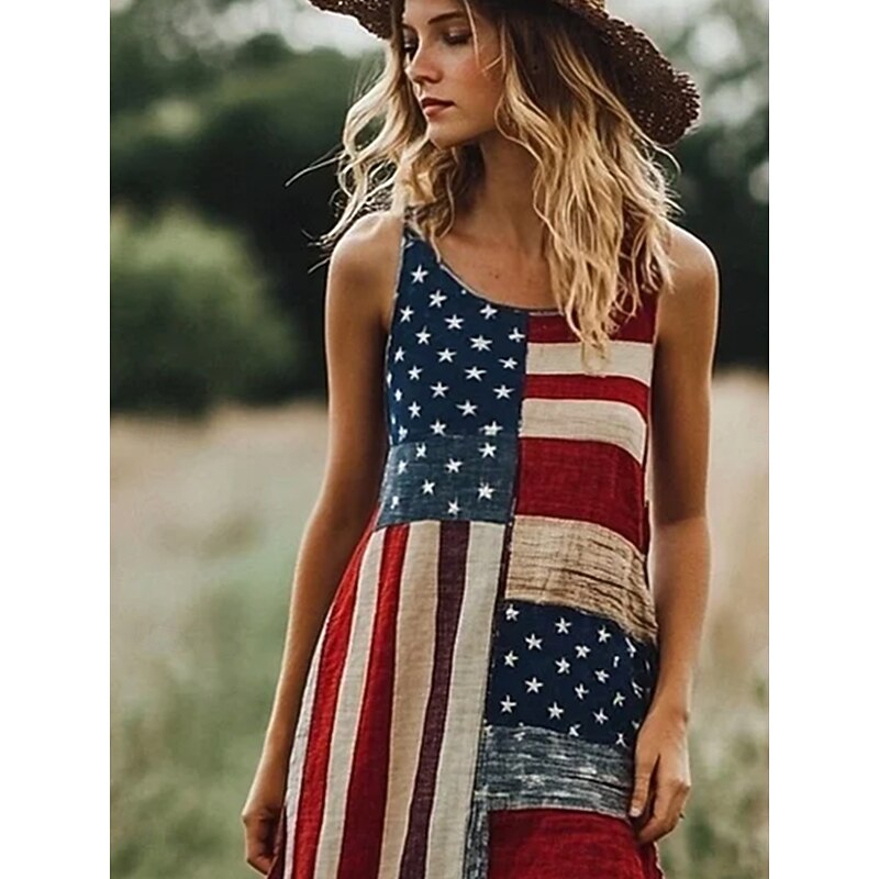Women's Patriotic  Maxi Dress A Line Dress Dress Off The Shoulder Dress Vacation Casual Party Street Regular Fit Graphic Flag Sleeveless Square Neck Scoop Neck Red Blue2