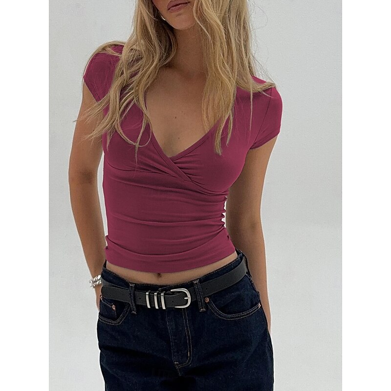 Women's T Shirt Solid Color Graphic Fashion Stylish Basic Short Sleeve V Neck Regular Tops Daily Weekend Black White Wine Beige Summer4