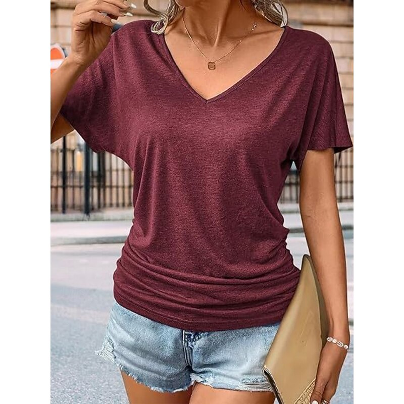 Women's Blouse Solid Color Daily Basic Casual Short Sleeve V Neck Regular Tops Daily Ruched Black White Wine Blue Purple Summer4