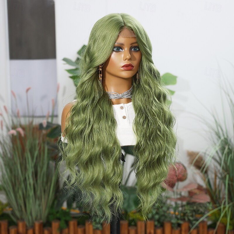 Synthetic Lace Wig Curly Style 28 inch Green Middle Part U Part Wig Women's Wig Lake Green / Grass Green3