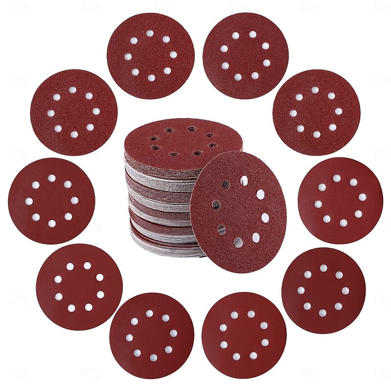 50 Pack 5 Inch 8-Hole Hook and Loop Sanding Discs Sandpaper Red Round 60-3000 Grit