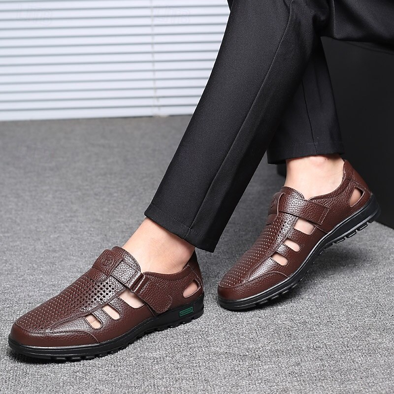 Men's Sandals Walking Casual PU Leather Breathable Comfortable Slip Resistant Buckle Black Brown Summer Spring Fall3