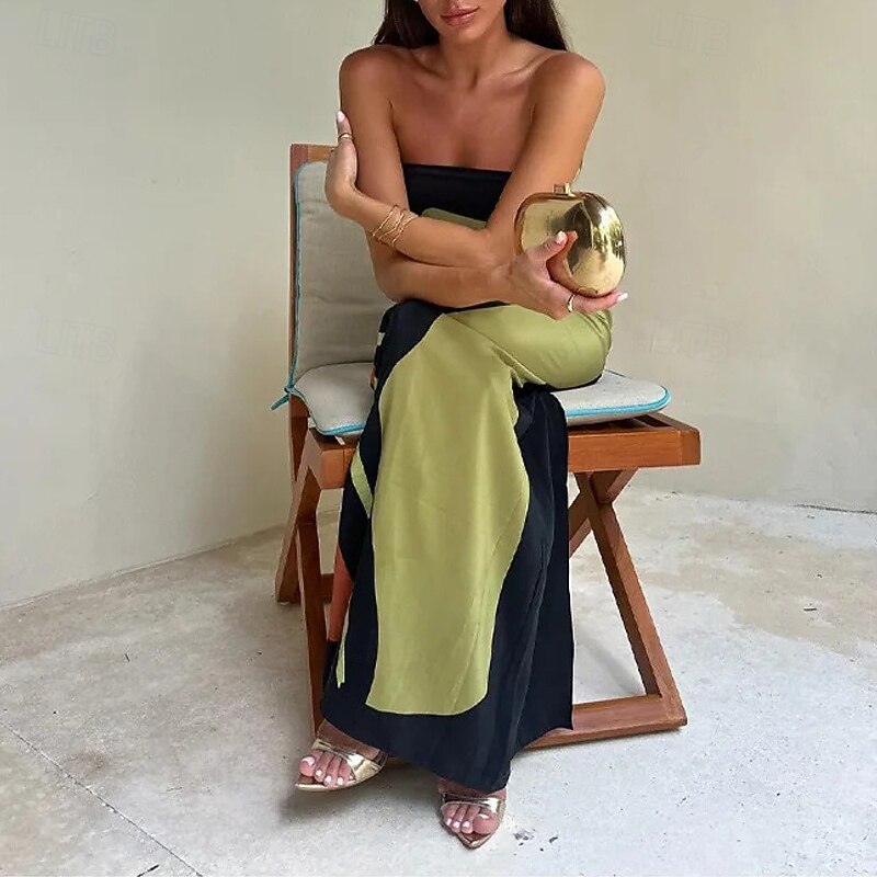 Women's Long Dress Maxi Dress Cocktail Dress Print Dress Fashion Modern Vacation Holiday Tea Party Regular Fit Color Block Sleeveless Strapless Green Summer2