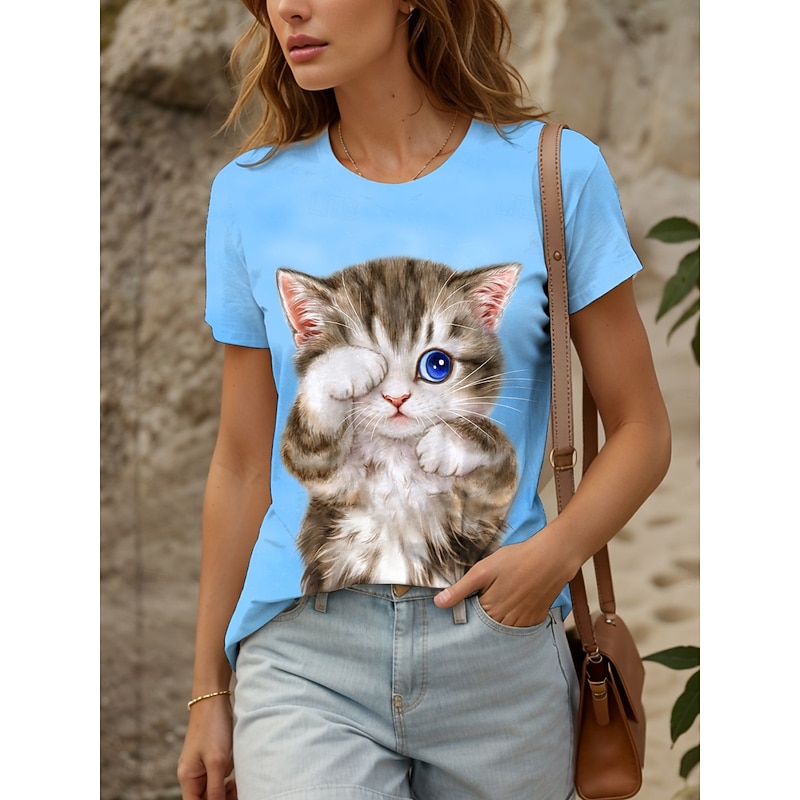 Kayomi Harai Women's T Shirt Graphic Animal Cat Vintage Cute Stylish Short Sleeve Crew Neck Round Neck Regular Tops Daily Weekend Print Blue Summer Spring