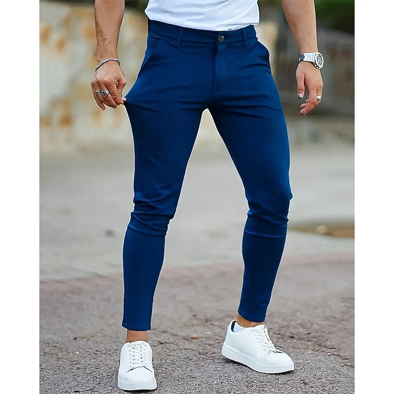 Men's Dress Pants Trousers Chinos Buttons Pocket Plain Comfort Formal Party Work Fashion Classic Style Black Blue Micro-elastic2