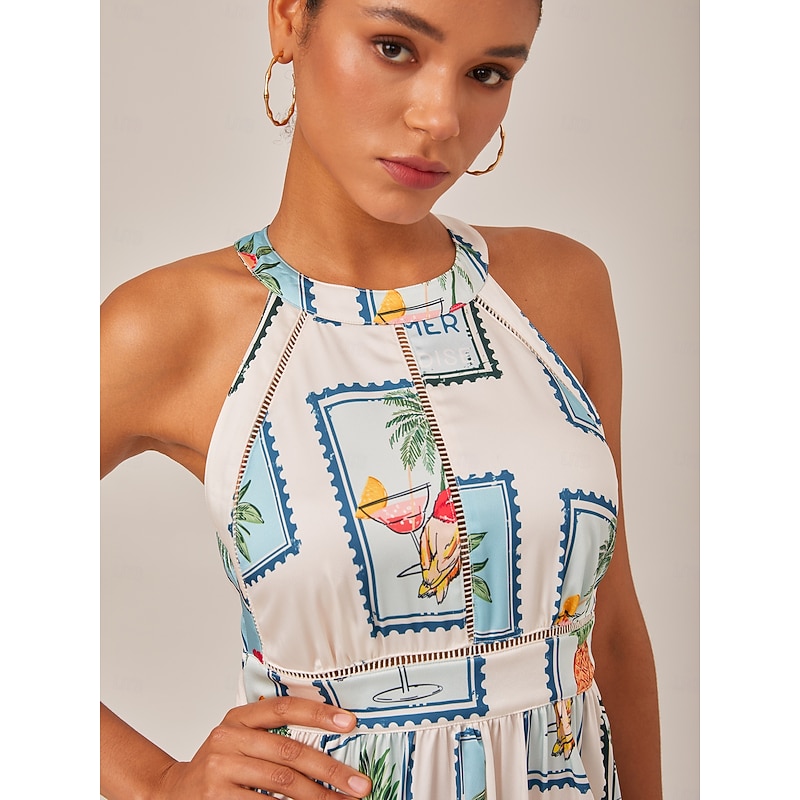 Seamless Pattern Print Halter Neck Maxi Dress4