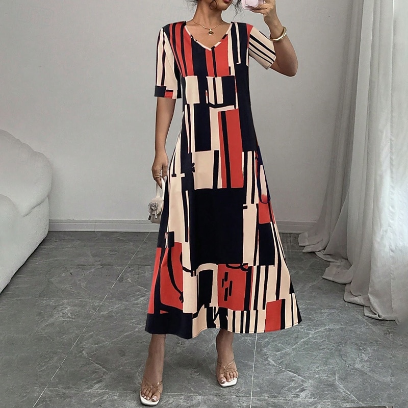 Women's Midi Dress Print Dress Fashion Modern Outdoor Vacation Holiday Regular Fit Geometric Short Sleeve V Neck Red Blue Green Summer