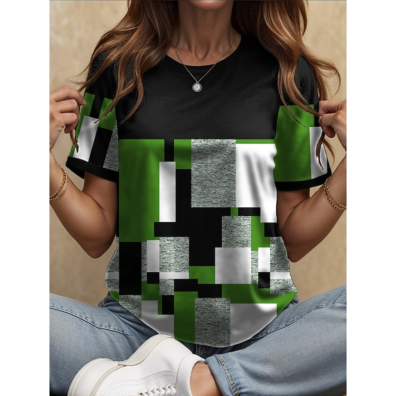 Women's T Shirt Graphic Geometric Color Block Vintage Stylish Classic Short Sleeve Crew Neck Round Neck Regular Tops Daily Print Red Blue Purple Green Summer Spring4