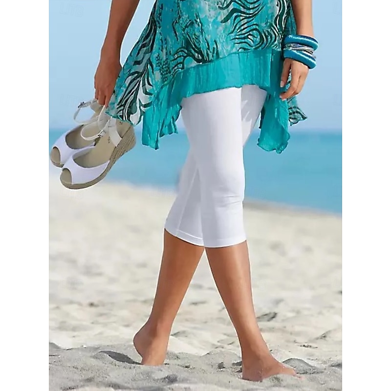 Women's Leggings Capri Pants High Elasticity Vacation Vintage Fashion Calf-Length Mid Waist Solid Color Printing Breathable Soft  Vacation Casual Daily White Summer Spring Regular Fit