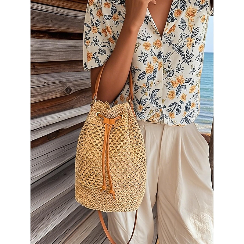 Women's Woven Drawstring Bucket Bag - Stylish Summer Tote with Leather Straps, Perfect for Beach, Travel and Casual Outings2