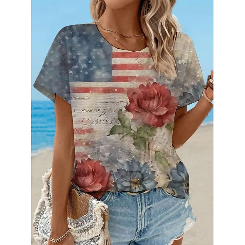 Women's Patriotic  T Shirt Graphic Flag Vintage Stylish Classic Short Sleeve Crew Neck Round Neck Regular Tops Daily Weekend Print White Red Dusty Blue Light Blue4