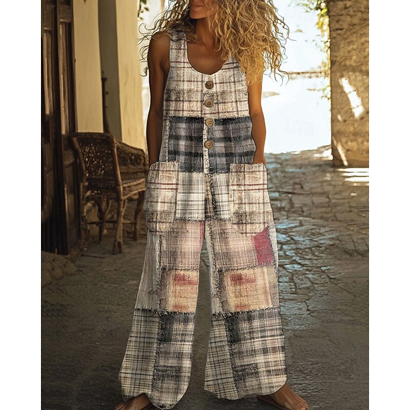 Women's Normal Jumpsuit Casual Plaid Sleeveless Wide Leg Round Neck Patchwork Street Daily Regular Fit White Summer