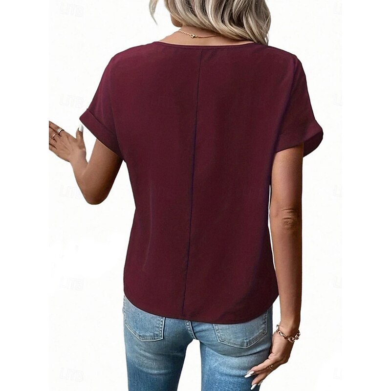 Women's T Shirt Solid Color Plain Fashion Modern Casual Short Sleeve Crew Neck Regular Tops Daily Weekend Zipper Buttons Black Wine Blue Purple Summer2