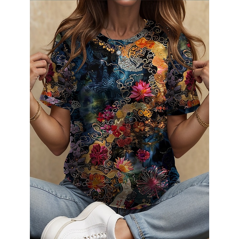 Women's T Shirt Floral Graphic Plants Bohemia Vintage Stylish Short Sleeve Crew Neck Round Neck Regular Tops Daily Going out Weekend Print Yellow Blue Purple Green Summer Spring