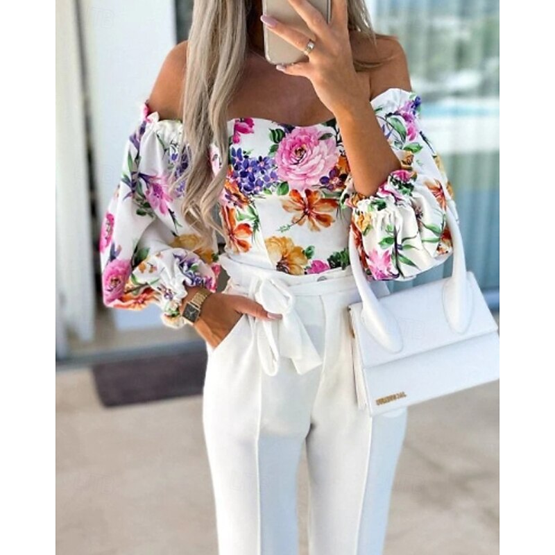 Women's Boho Shirt Blouse Flower Modern Boho Long Sleeve Off Shoulder Regular Tops Daily Going out Print Blush Pink Pink Wine Red Purple Summer4