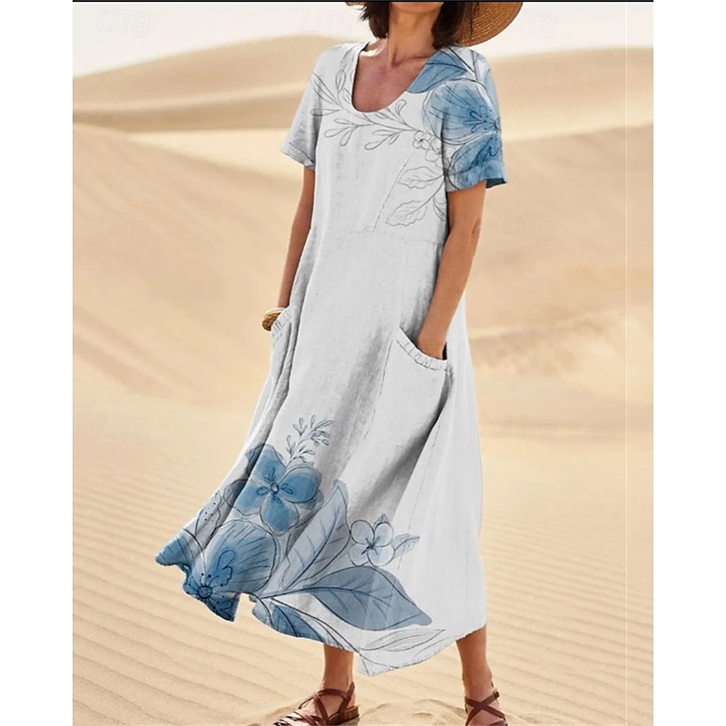 Women's Long Dress Maxi Dress Casual Dress Swing Dress Summer Dress Elegant Fashion Romantic Outdoor Party Holiday Regular Fit Flower Short Sleeve Crew Neck Black Blue Green Summer