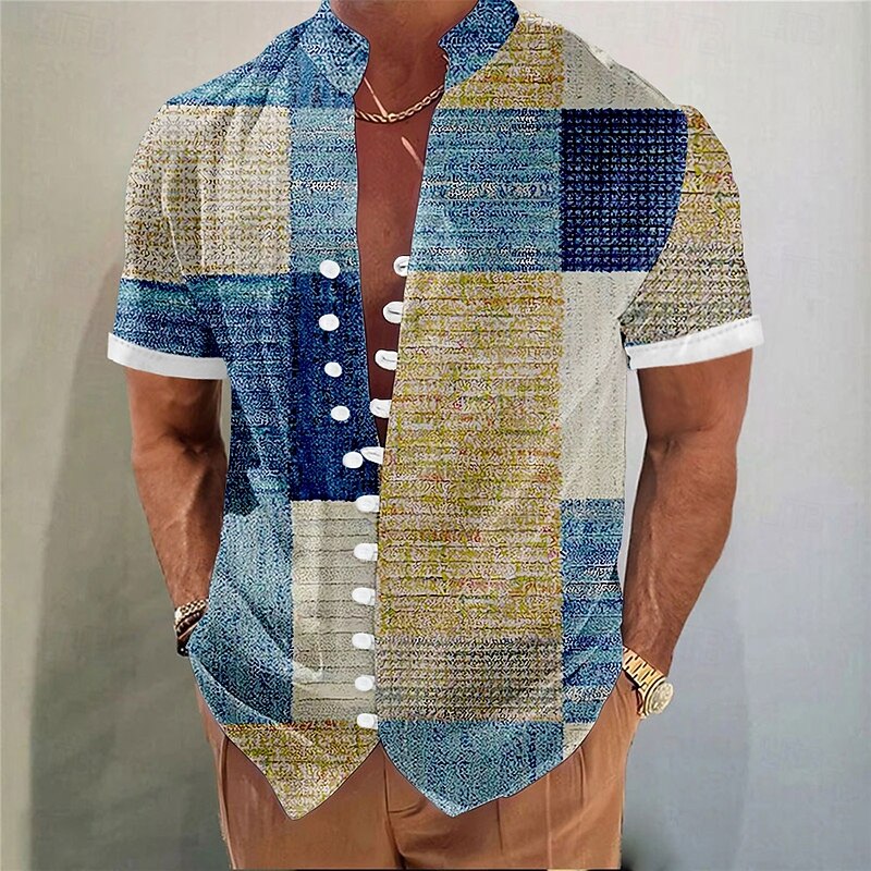 Men's Geometric Color Block Patchwork Shirt Button Up Shirt Stand Collar Shirt Short Sleeve Fashion Casual Vacation Daily Summer Spring Mandarin Collar 3D Print Linen Like Shirt Blue Purple Brown