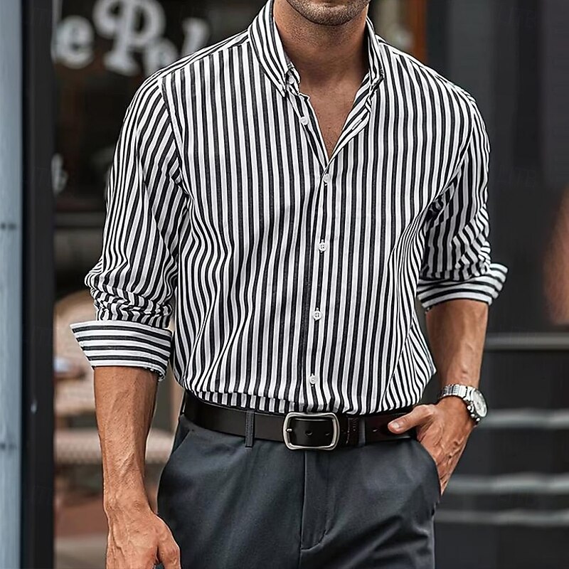 Men's Geometric Striped Shirt Button Up Shirt Casual Dress Shirt Long Sleeve Fashion Casual Formal Vacation Dailywear Summer Spring Turndown 3D Print Collared Shirts Blue Gray2