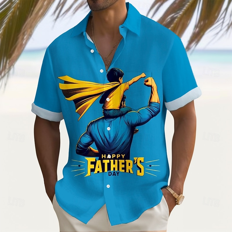 Men's Father Shirt Summer Shirt Button Up Shirt Short Sleeve Fashion Casual Holiday Dads Day Gifts Summer Spring Turndown 3D Print Collared Shirts Front One Pocket Blue