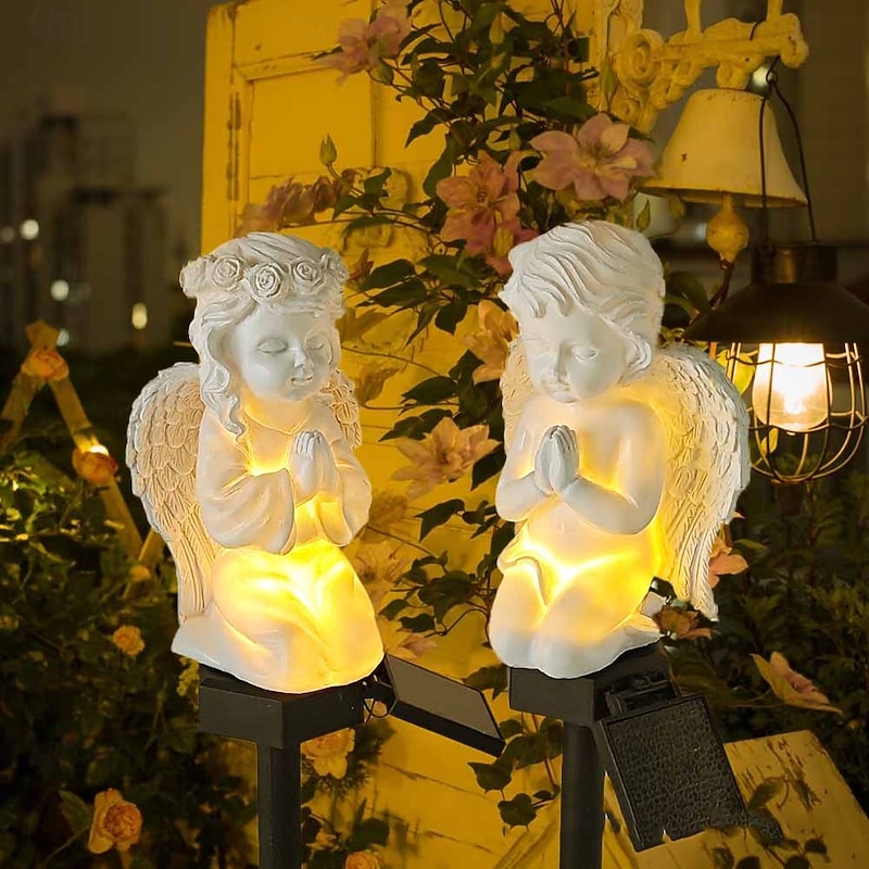 2 Pcs Outdoor Pathway Lights Solar Angel Baby Field Plug in Light Courtyard Garden Path Lawn Cemetery Decoration Light Landscape Light2
