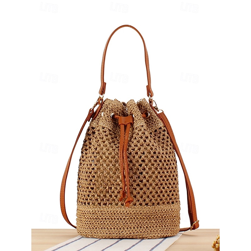 Women's Woven Drawstring Bucket Bag - Stylish Summer Tote with Leather Straps, Perfect for Beach, Travel and Casual Outings