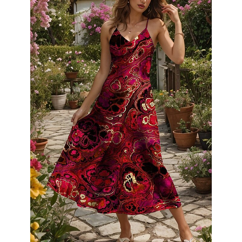 Women's Maxi Dress A Line Dress Summer Dress Slip Dress Vacation Casual Beach Regular Fit Graphic Abstract Marble Sleeveless V Neck Red Blue Purple Green Summer Spring