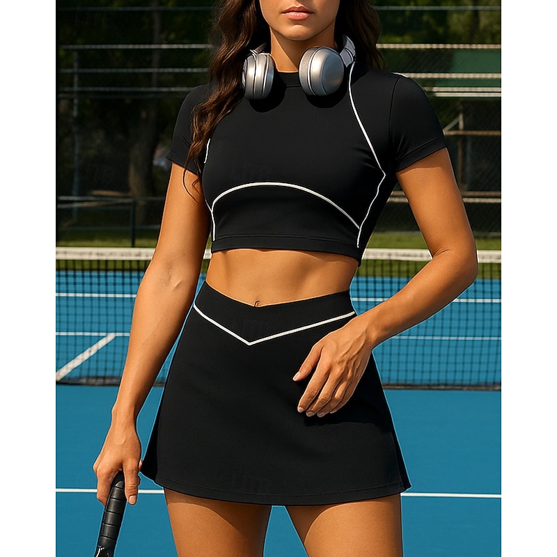 Women's Sports Set Tennis Set Two-piece Suit Short Sleeves Contrast Binding Moisture Wicking Breathable Tennis Golf Pickleball Skort Black Pink Blue Tennis Clothing2