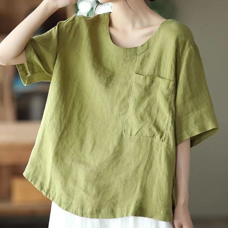Women's Linen Shirt Linen-Inspired Sets Blouse Plain Modern Short Sleeve Crew Neck Regular Tops Holiday Going out Pocket Purple Orange Green Khaki Summer