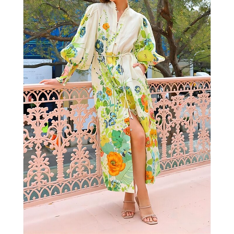 Women's Long Dress Maxi Dress Cotton Linen Dresses Casual Dress Fashion Puff Sleeve Outdoor Party Holiday Regular Fit Flower Long Sleeve Shirt Collar Green Summer2