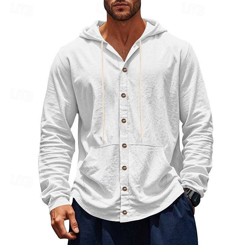 Men's Shirt Linen Shirt Casual Shirt Button Up Shirt Cotton Shirt Plain Vacation Hawaiian Black White Yellow Navy Blue Long Sleeve Hooded Spring Fall Clothing Apparel Pocket
