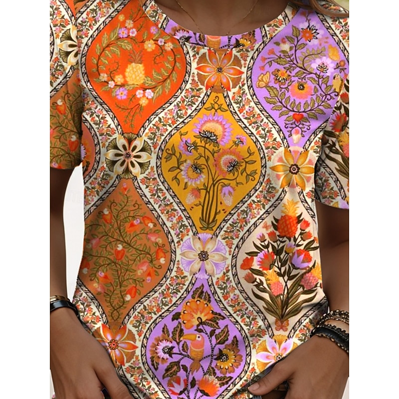 Women's T Shirt Floral Graphic Geometric Vintage Stylish Classic Short Sleeve Crew Neck Regular Tops Daily Weekend Print Blue Fuchsia Orange Summer Spring2