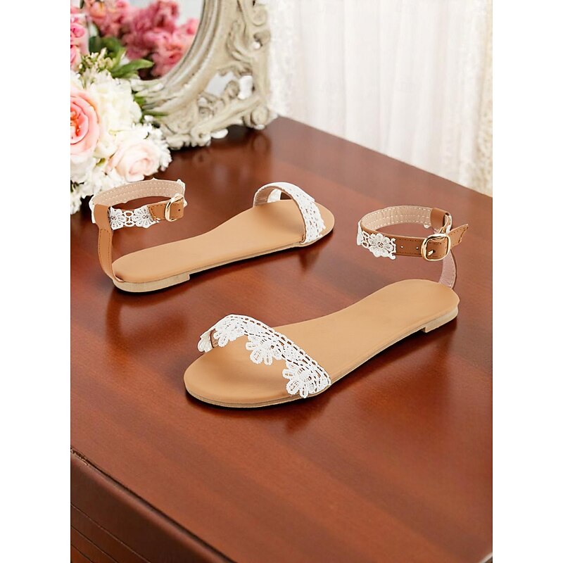 Women's White Lace Ankle Strap Sandals with Floral Detailing - Open Toe Low Heel Bridal Shoes for Garden or Beach Wedding4