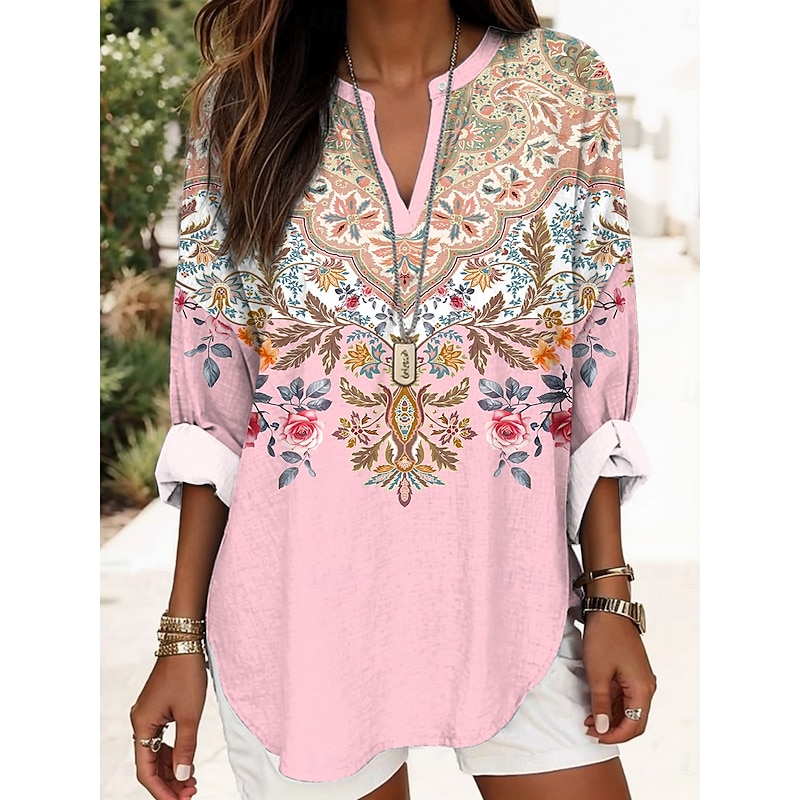 Women's Blouse Tunic V Neck Long Sleeve Boho Casual Tops Floral Graphic Elegant Stylish Regular Tops Daily Print Pink Blue Purple