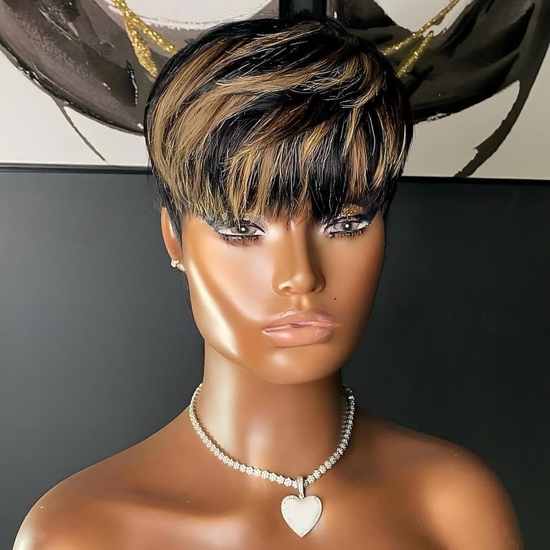 Pixie Cut Wig Synthetic Wig for Black Women Short Bob Wig Ombre with Bangs