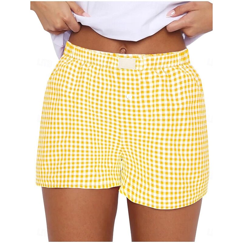 Women's Shorts Chinos Vacation Fashion Streetwear Short High Waist Plaid Pocket Elastic Waistband Printing Comfy Soft Comfortable Micro-elastic Outdoor Street Black Yellow Wine Green Summer Regular4