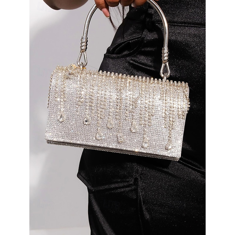 Women's Elegant Crystal Evening Handbag with Silver Chain, Beaded Detail, and High-Quality Zipper, Perfect for Weddings, Parties and Formal Events.4