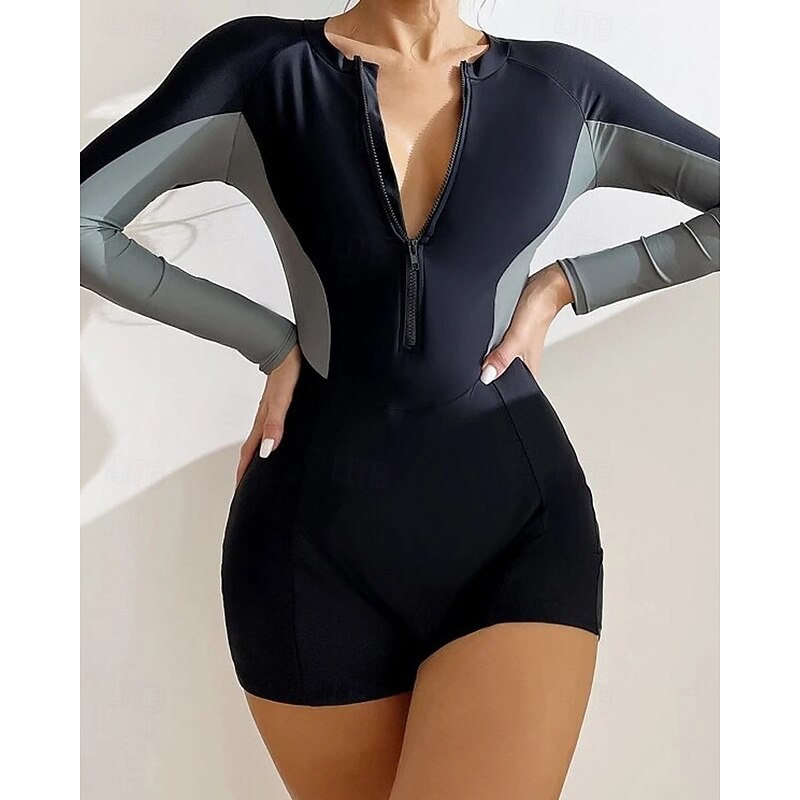 Women's Rash Guard One Piece Swimsuit UV Sun Protection UPF50+ Long Sleeve Swimwear Bathing Suit Front Zip Swimming Surfing Beach Water Sports Solid Colored Summer Spring Autumn - Main Image