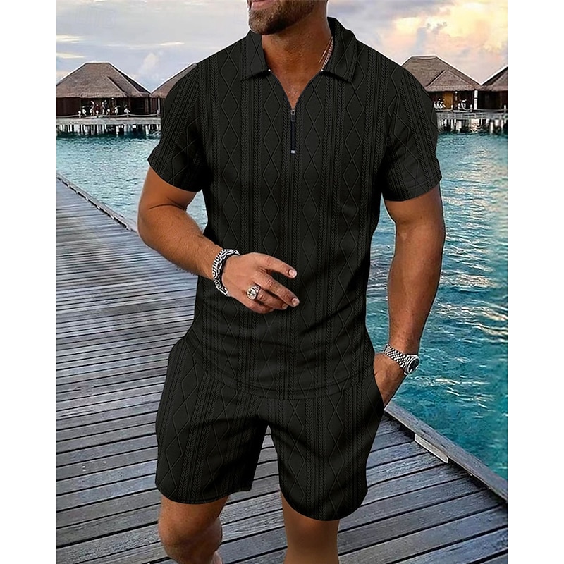 Men's Quarter Zip Polo Golf Shirt Daily Holiday Lapel Short Sleeve Fashion Basic Plain 2 Piece Jacquard Summer Regular Fit Black White Blue Khaki Army Green Gray Quarter Zip Polo3