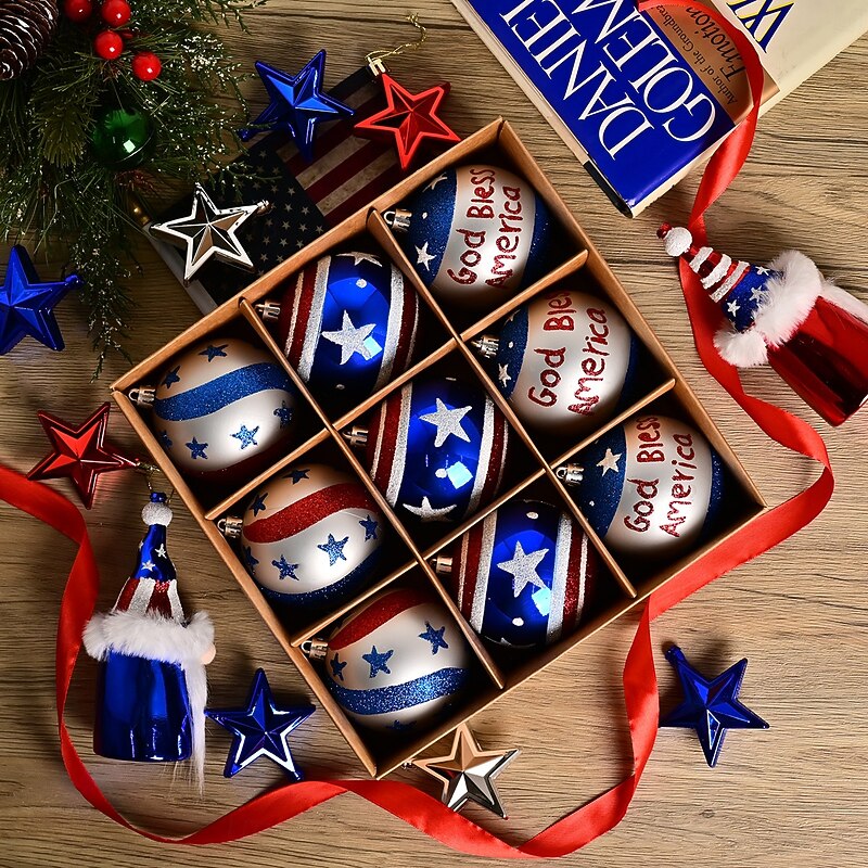 9pcs/set Patriotic Ornaments for 4th of July Tree Decorations,Independence Day Red White Blue Shatterproof Americana Gnome Hanging Ball Ornaments for Labor Christmas Memorial Day Decor2