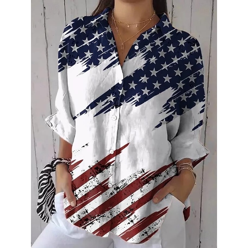 Women's Patriotic Shirt Graphic Flag USA Vintage Daily Stylish Regular Tops Work Daily s Print White Blue Khaki Spring