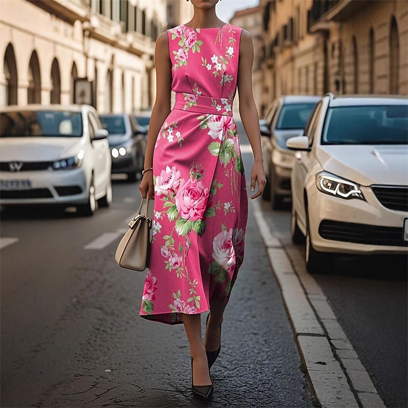 Women's Midi Dress Prom Dress Floral Dress Summer Dress Elegant Fashion Outdoor Party Date Regular Fit Flower Sleeveless Crew Neck Pink Summer Spring