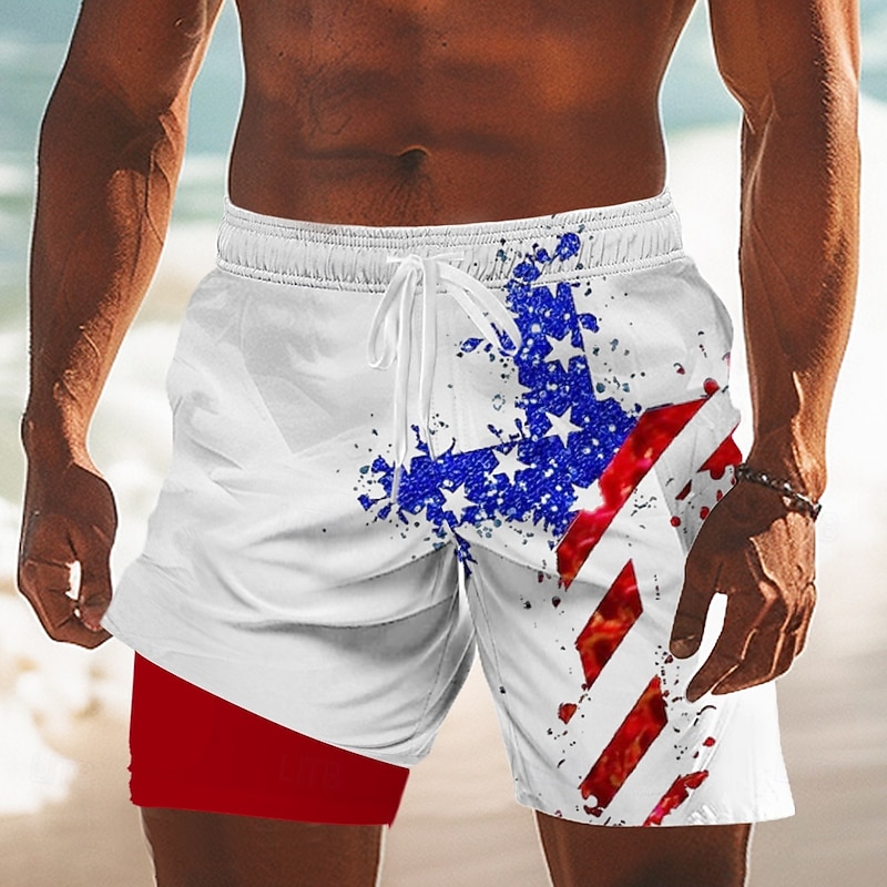 Independence Day Men's Cross US Flag Patriotic Lined Shorts 2 in 1 Board Shorts Swim Trunks Mid Waist Holiday Side Pockets With Compression Liner Elastic Drawstring Waist Designer Clothing Apparel