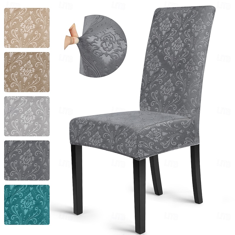 Stretch Jacquard Damask Floral Dining Chair Cover, Form Fit, Polyester/Spandex, Machine Washable