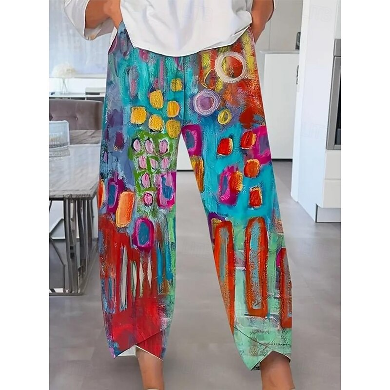 Women's Cotton Linen Pants Vacation Vintage Ethnic Style Full Length High Waist Drawstring Printing Vacation Street Causal Robin's Egg Blue Red Summer Spring Loose Fit