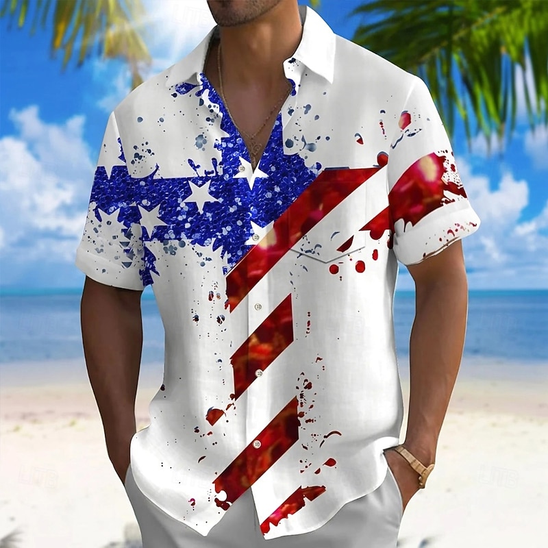 Independence Day Men's American US Flag Cross Patriotic Shirt Summer Shirt Button Up Shirt Short Sleeve Fashion Casual Holiday Summer Spring Turndown 3D Print Collared Shirts Front One Pocket White